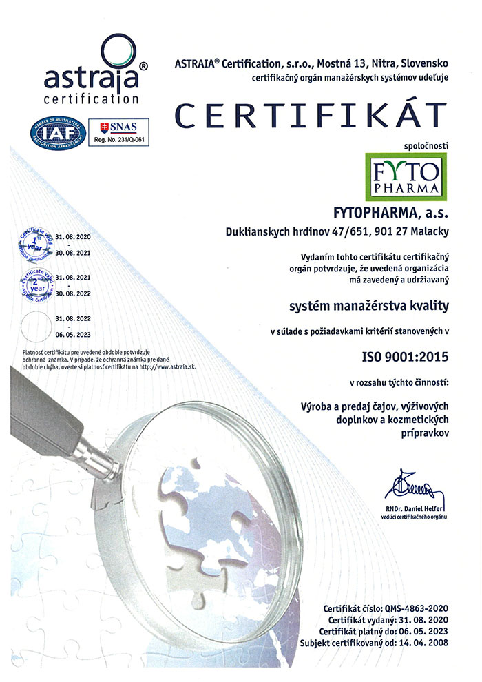 FYTOPHARMA certifikát ISO 9001:2015