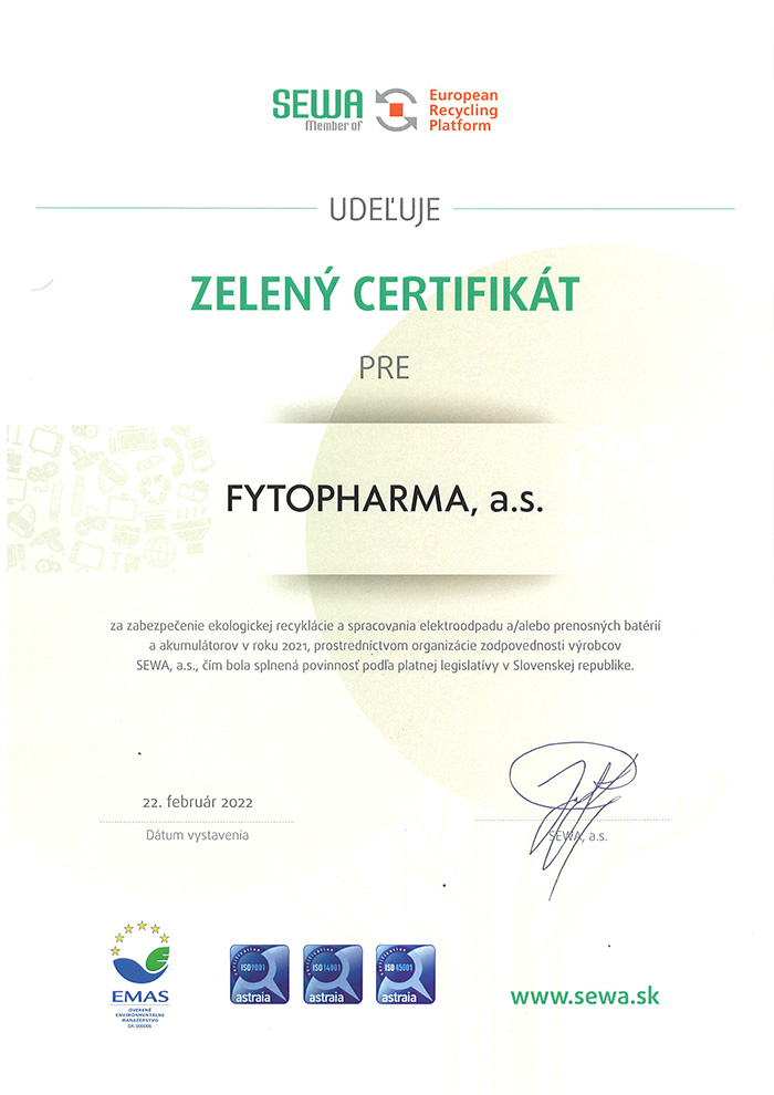 FYTOPHARMA zelený certifikát